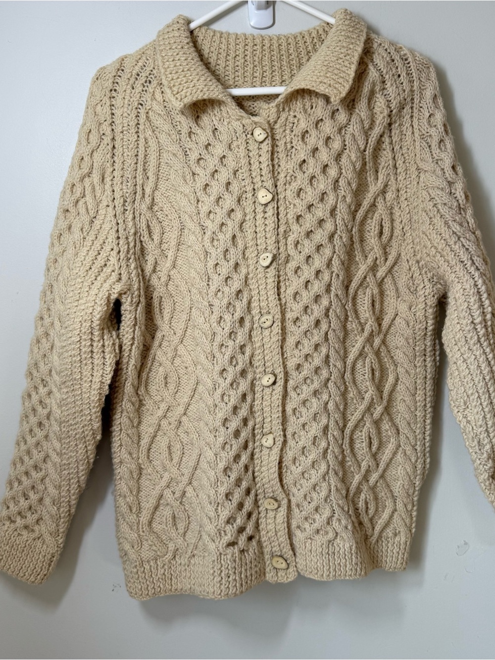 Fisherman cable knit wool cardigan collared sweater handmade thick chunky button